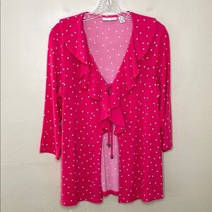 SUSAN GRAVER Cardigan Ruffle Center Deep Pink Polka Dot Liquid Knit Small